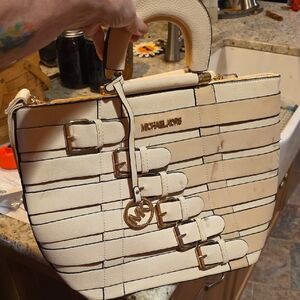 Michael Kors Cream and Black Striped Satchel